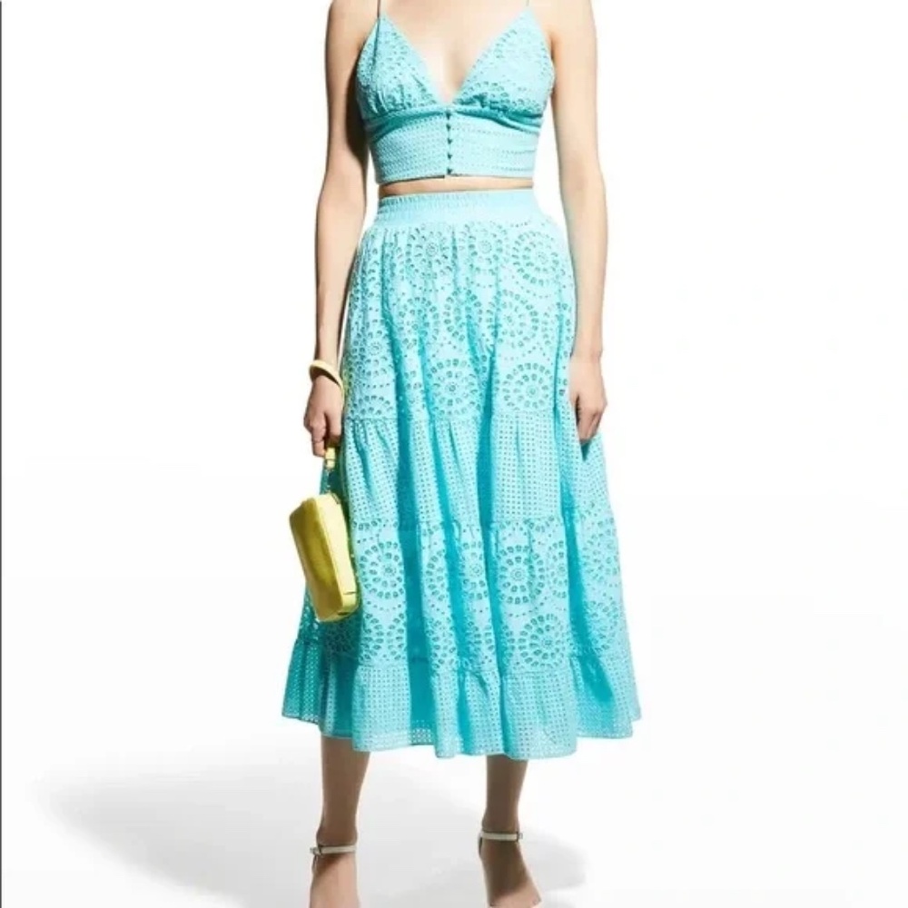 NWT Alice and Olivia aqua Melony eyelet skirt size 4 $495